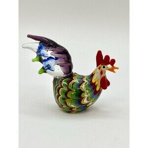 Fitz & Floyd FF Art Glass Menagerie Rooster Hen Chicken 3" Miniature Figurine